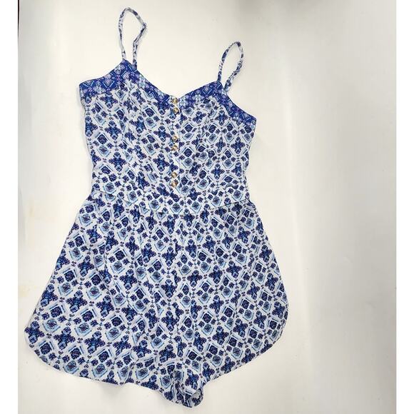 American Eagle Outfitters Button Up Romper Size XXS Blue Abstract Playsuit Boho - Picture 2 of 10